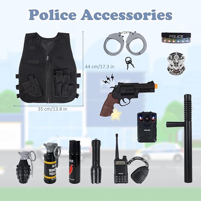14Pcs Halloween Police Costume for Kids, Pretend Play Swat Vest with Toys Accessories, Role Play Cop Costumes Outfit Dress up Set for 4-6 6-8 Ages, Boys Halloween Costume