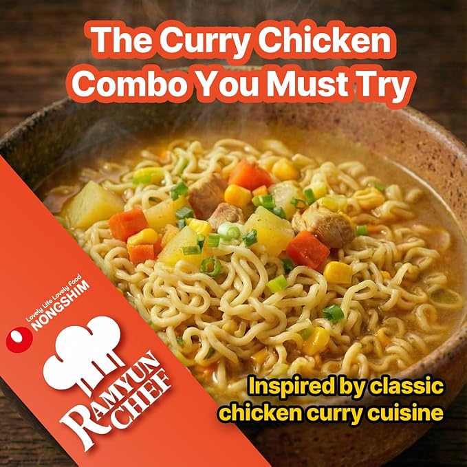 Nongshim Ramyun Chef, Instant Ramyun Noodles with Soup Mix, Curry Chicken, 4.02 Oz (Pack of 4)