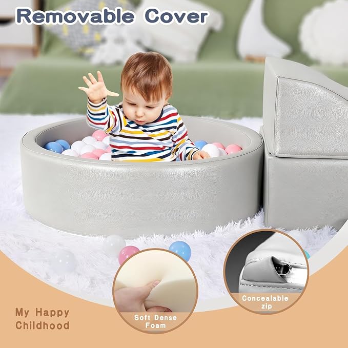 Hoohtoot Foam Climbing Blocks for Toddler: with 4-Piece PU Leather Climbing Toys and a Ball Pit - Foam Ball Pit for Toddlers - Climbing Toys Indoor for Kids Crawling
