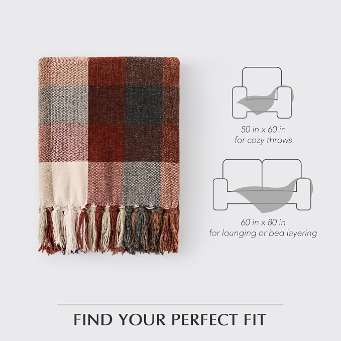 Plaid Chenille Fall Throw Blanket, 50"x60", Harvest Orange Plaid | Super Soft Knit Throw with Tassels, Cozy, Decorative Rustic Farmhouse Decor for Autumn, Ideal for Couch Bed Sofa Gift