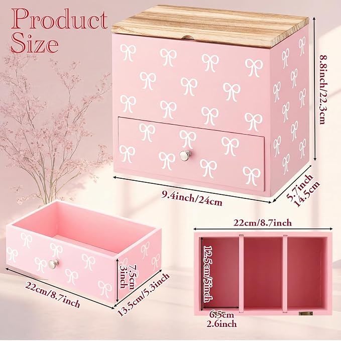Pink Bow Tampon Holder for Bathroom Wood Feminine Product Organizer with Drawer and Lid Pad and Tampon Organizer Bathroom Accessories Storage Box for Pink Bow Washroom Period Box