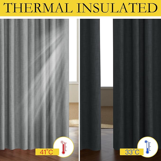 NICETOWN 100% Blackout Linen Texture Curtains 90 inches Long, Dove Grey, 2 Pcs, Thermal Insulated Full Blackout 2-Layer Lined Drapes, Energy Efficiency Window Draperies for Boy's Room