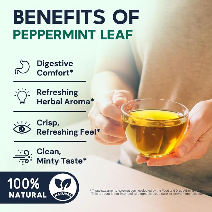 Hiihone Peppermint Tea Bags, Pure Peppermint Leaves, Fresh Minty Herbal Tea, Naturally Caffeine-Free, Non-GMO, Enjoy Hot or Iced, 50 Tea Bags