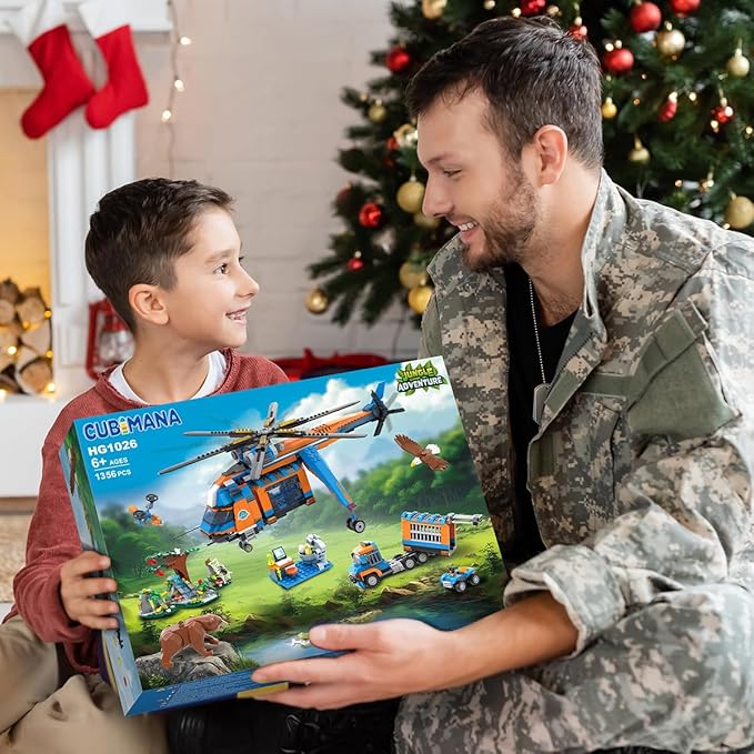 CUBIMANA City Jungle Adventurer Helicopter Building Toys - 1356PCS Forest Truck Adventure Building Set with Car Crocodile Brown Bear Wildlife Rescue Blocks Playset Easter Gift for Kids Boys 6+