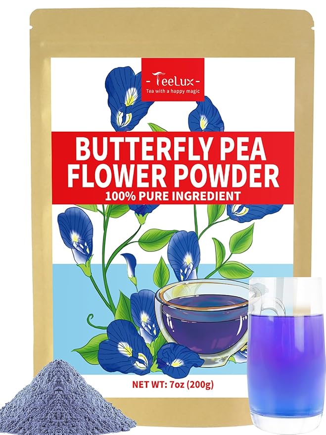 TeeLux Butterfly Pea Flower Powder, Natural Butterfly Pea Flower Tea for Blue & Purple Drinks and Food Coloring, Caffeine-Free, 7oz/200g