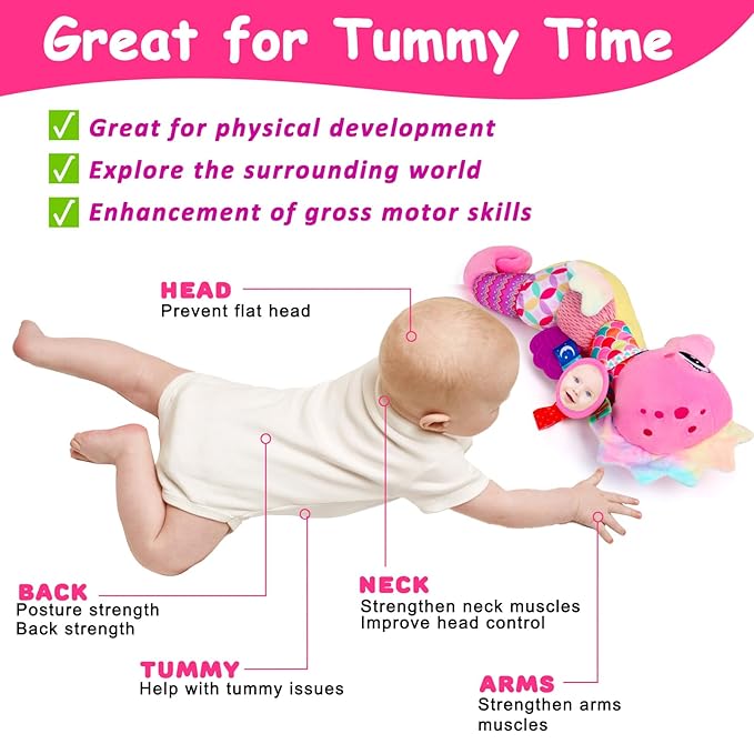 Baby Girl Toys 0-6 Months Musical Seahorse Stuffed Animal Tummy Time Toys for Infant 3-6 6-12 Months with Baby Mirror Sensory Newborn Crinkle Developmental Pink Toy Birthday Shower Gifts 0-3 4 5 Month