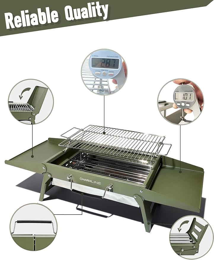 Charmline 15 x 11 inches Portable Charcoal BBQ Grill, Foldable Compact Camping Barbecue for 2–4 People, Ideal for Garden, Beach, Picnic & Tabletop Use, Green
