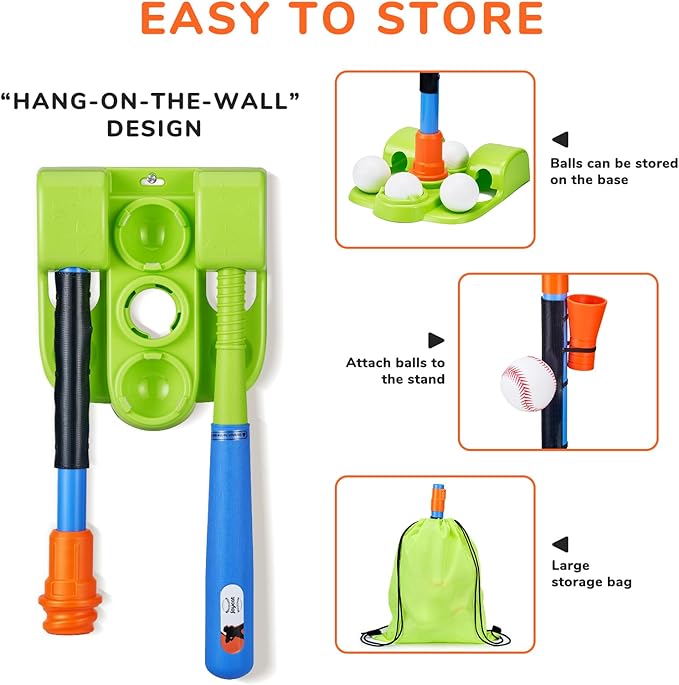 JoyCat 3-in-1 T Ball Set for Kids 3-5,Toddler Baseball Set-T Ball Stand,Hanging Tee,Auto Launcher,6 Balls-Adjustable Height Sports&Outdoor/Indoor Toys for 3 4 5 6 7 8 Year Old Boy Girl Birthday Gift