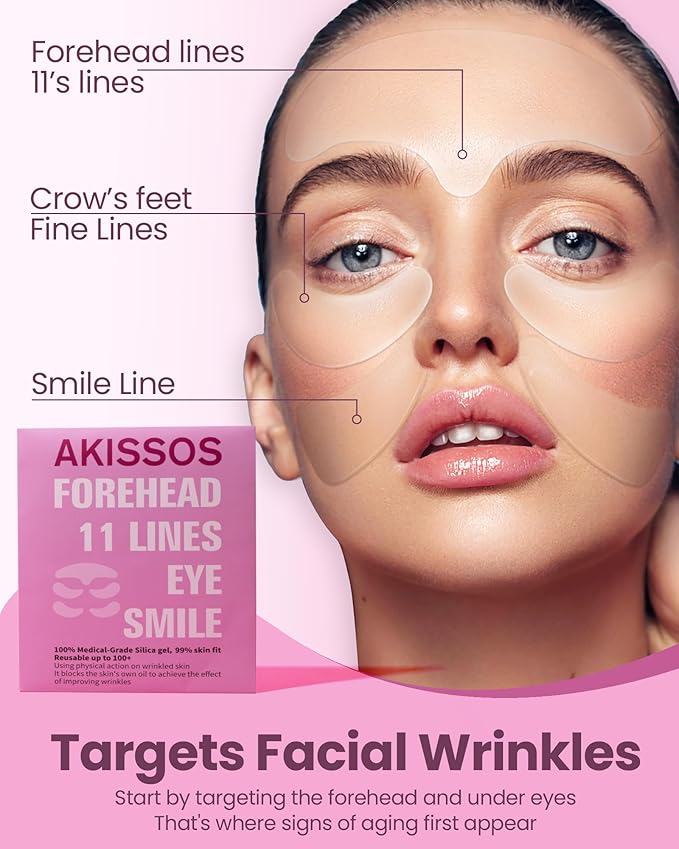 Akissos 5PCS Silicone Facial Wrinkle Patches,Super Hydration Forehead Wrinkle Patches,Anti Wrinkle Patches to Smooth Under Eye,Smile Line Patches Overnight,After Skin Care,Birthday Gifts for Women/Men