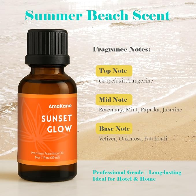 AmaKane Sunset Glow Fragrance Oil, Beach Essential Oil for Diffuser, Summer Fragrance Oil for Candle Making, DIY Soap Making Scents, Diffuser Oils for Home, Aromatherapy Oils, 30ml