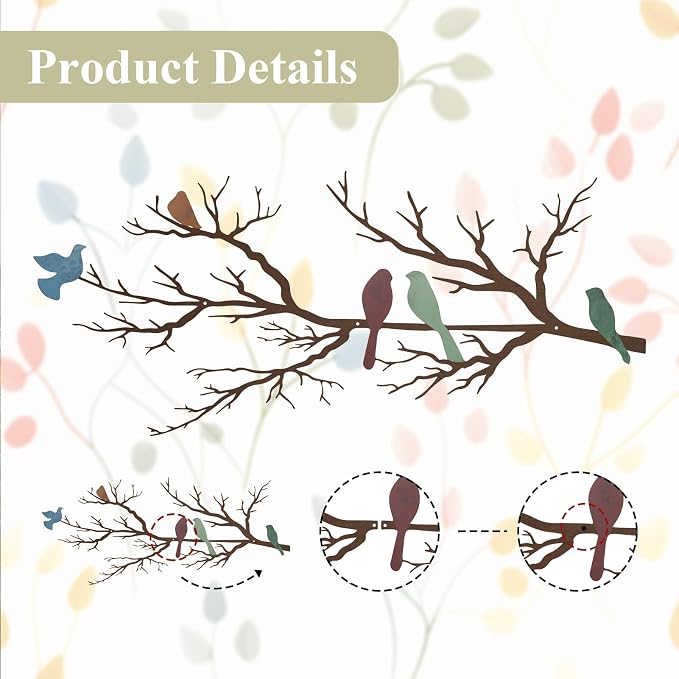 ESTART Metal Birds Wall Art, Metal Vivid Birds on Branch Silhouette Wall Decor Leaves with Bird Outdoor Hanging Wall Sculpture for Living room Bedroom Balcony Garden (Colorful, Large)