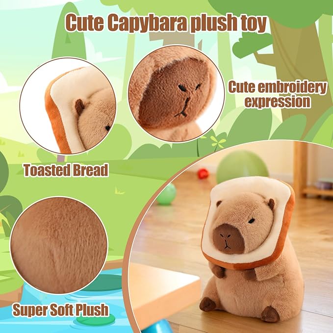12" Capybara Plush Toy Kawaii, Cute Capybara Stuffed Animal with Wearable Bread, Soft Plushies Doll Bread Pillow for Girls Boys Kids Adults, Birthday Decorations Gifts Toys