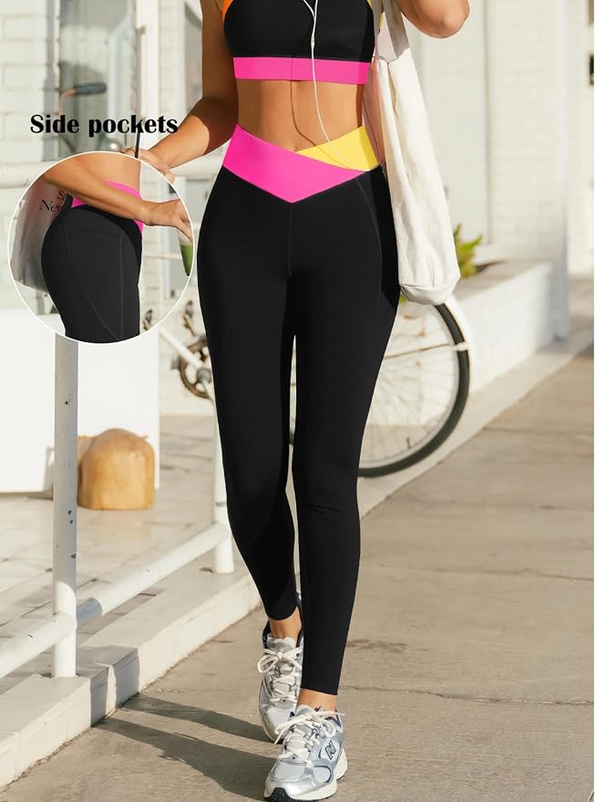 popvil Workout Sets For Women Color Block Sports Bra High Waisted Legging With Pocktes For Athletic Running Gym Yoga Outfits
