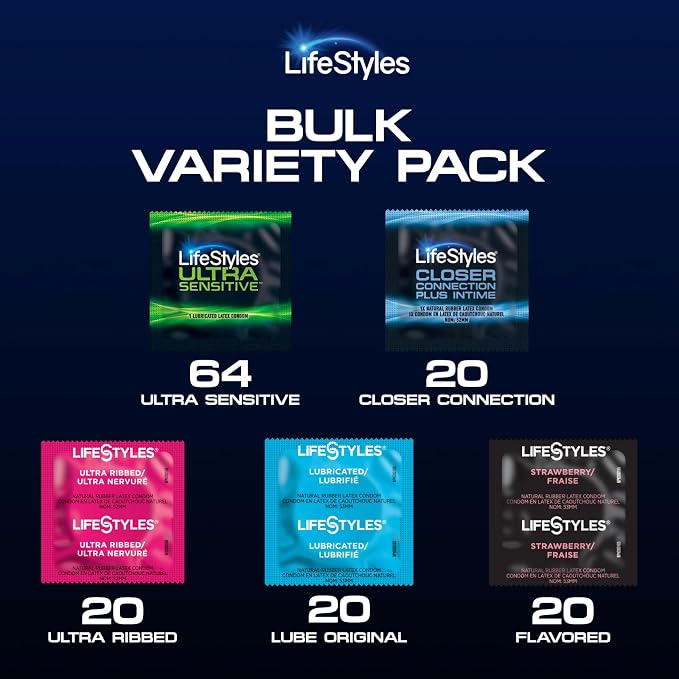 LifeStyles Variety Pack Natural Rubber and Lubricated Latex Condoms, 144 Count, Triple Tested (Pack of 1)