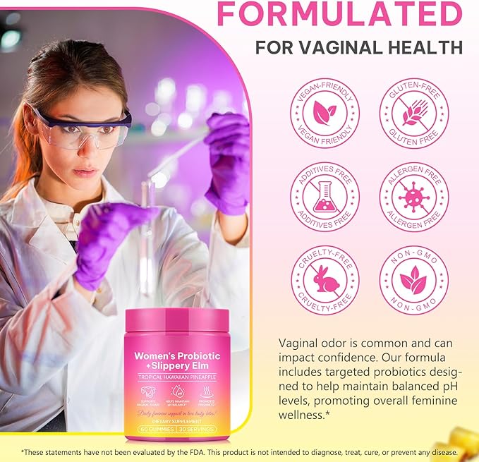 Feminine Probiotics Gummies,Vaginal Women Probiotic,Feminine Balance pH Gummies for Healthy Odor,Improve Immune,Support Vaginal Health,with Slippery Elm(60 Gummies)