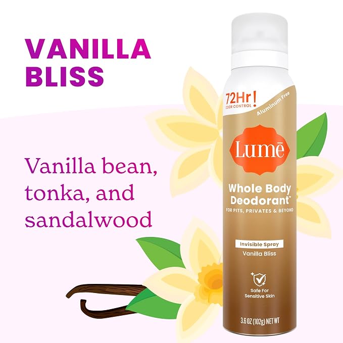 Lume Invisible Spray Deodorant For Women - Whole Body Deodorant Spray - 72 Hr Odor Control - Ozone Friendly, Natural Propellant - Baking Soda & Aluminum Free - Skin Loving, Full Body - Vanilla Bliss