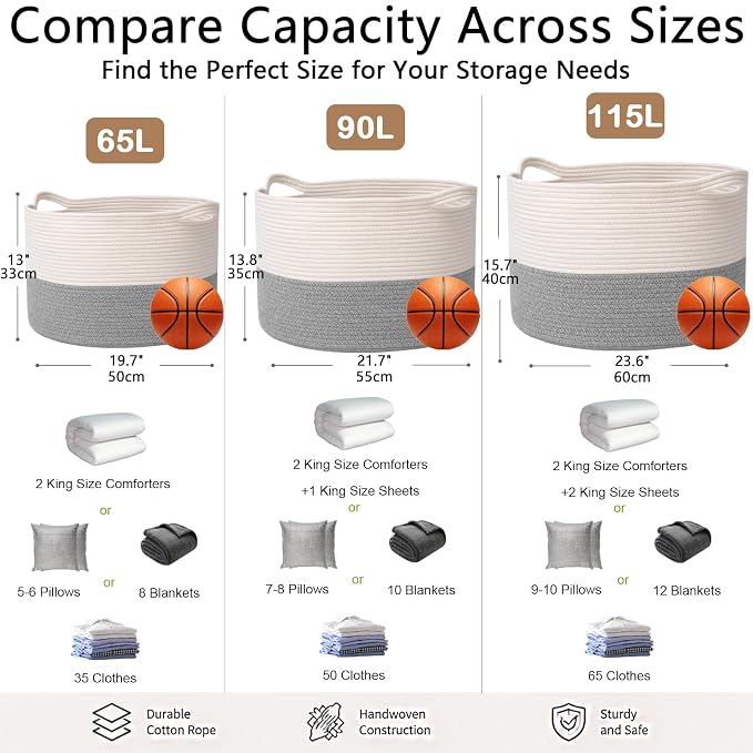 65L Large Blanket Basket,Woven Rope Laundry Basket-White&Grey | Collapsible, reinforced handles, nursery storage bin organizes clothes, toys and pillows for living room, bedroom bathroom