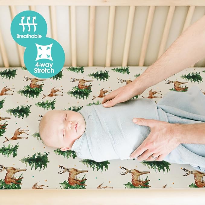 BROLEX Baby Fitted Crib Sheets: Kid Crib Sheets - Set of 2 for Toddler Standard Size Crib Mattress for Boys and Girls - Jersey Knit Crib Bed Sheets Sika Deer&Foliage