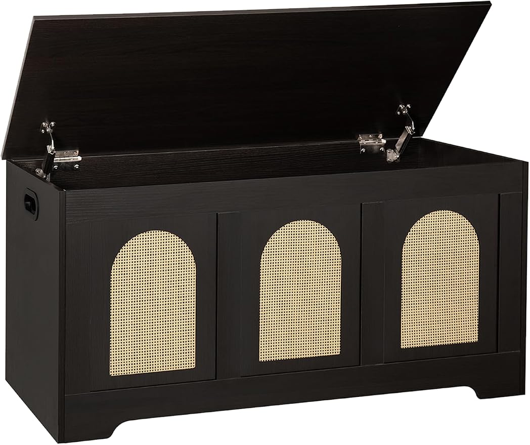 Storage Chest, Wooden Toy Box, Espresso Oak 39.4" L | Entryway Shoe Bench, 2 Safety Hinges, Finger-safe Flip-Top, Easy Assembly, Farmhouse Large Trunk, Rattan, Living Room/Bedroom