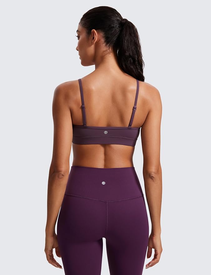 CRZ YOGA Butterluxe V-Neck Sports Bras for Women - Adjustable Thin Straps Padded Yoga Top Basic Wireless Camisole