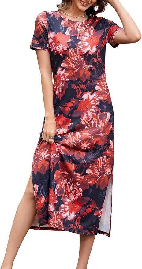 Naggoo Women's Casual T Shirt Midi Dress with Side Slit and Pockets