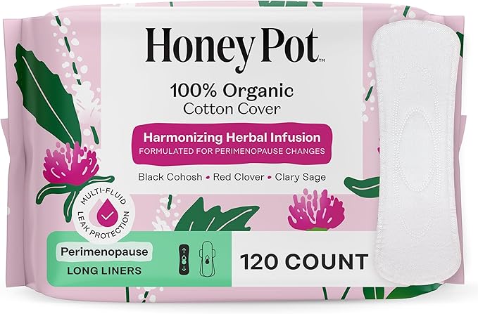 Honey Pot - Perimenopause Long Panty Liners for Women - 100% Organic Cotton Top Sheet - Feminine Care - Multi-Fluid Absorbency - Harmonizing Herbs of Black Cohosh, Clary Sage, & Red Clover - 120ct
