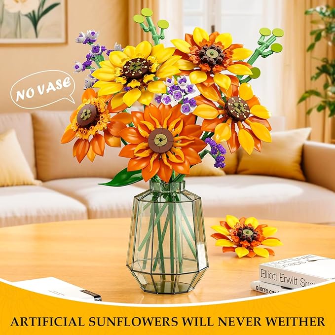 Flowers Sunflower Bouquet Building Set with Lights - 17 Flowers Botanical Collection Artificial Plant Sunflower Building Blocks Art Home Decor Surprise Gifts for Adults Women Girls (1011PCS)