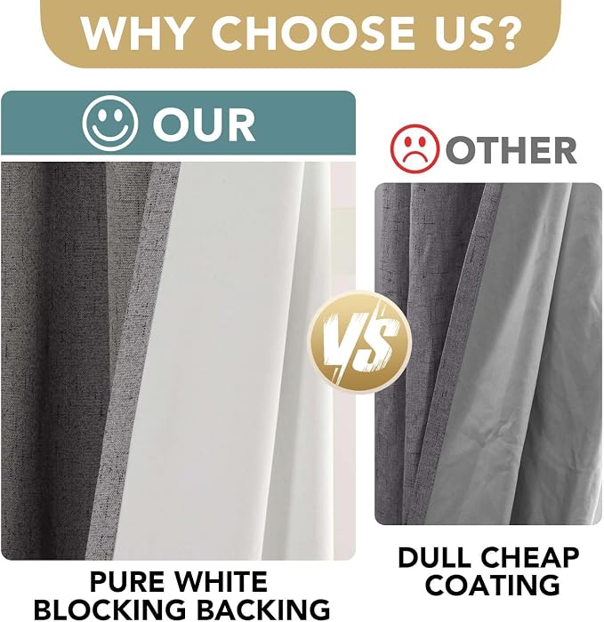 H.VERSAILTEX Linen Blackout Curtains 108 Inches Long 100% Absolutely Blackout Thermal Insulated Textured Linen Look Curtain Draperies Anti-Rust Grommet, Energy Saving with White Liner, 2 Panels, Grey