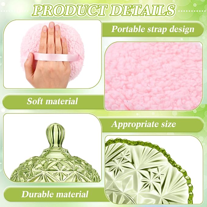 Extra Large Body Powder Puff and Container, 5.3'' Crystal Container with 5.3'' Oversize Dust Powder Puff Washable Reusable Face Body Wet Dry Makeup Gift(Green, Diamond)