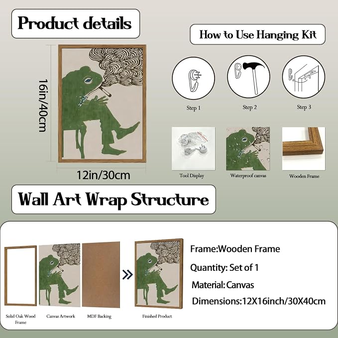 Funny Frog Smoking Wall Art Whimsical Green Frog Wall Decor Painting Cute Animal Bar Cart Poster Canvas Prints for Bedroom Living Room 12x16 inch Wood Framed