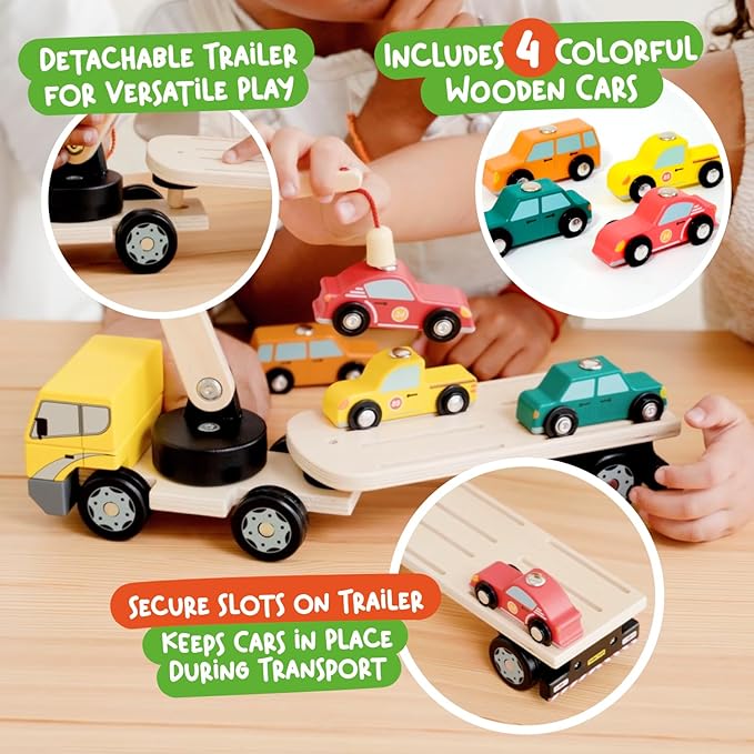 Nene Toys Magnetic Car Loader with 4 Cars and 1 Semi-Trailer Wooden Truck for Kids 3+ Year Old - Interactive Crane Wooden Toy - Vehicle Toys for Boys Girls - Educational Toy for Toddlers Ages 3+