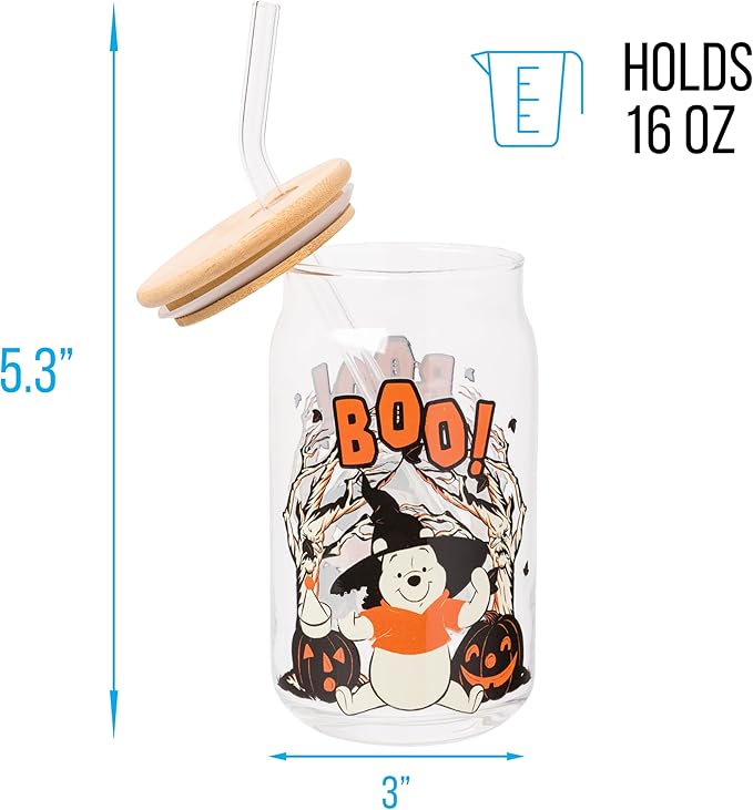 Silver Buffalo Disney Winnie the Pooh Halloween Spooky Boo Witch Hat Jack-o-Lantern Glass Jar Tumbler with Bamboo Lid and Glass Straw, 16 Ounces