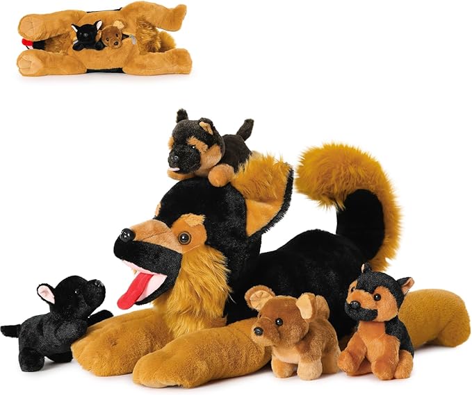 MaoGoLan 5 Giant German Shepherd Dog Plush Toys with 4 Babies, Realistic Soft and Cuddly Stuffed Dog Puppies for Kids, Puppy Lovers