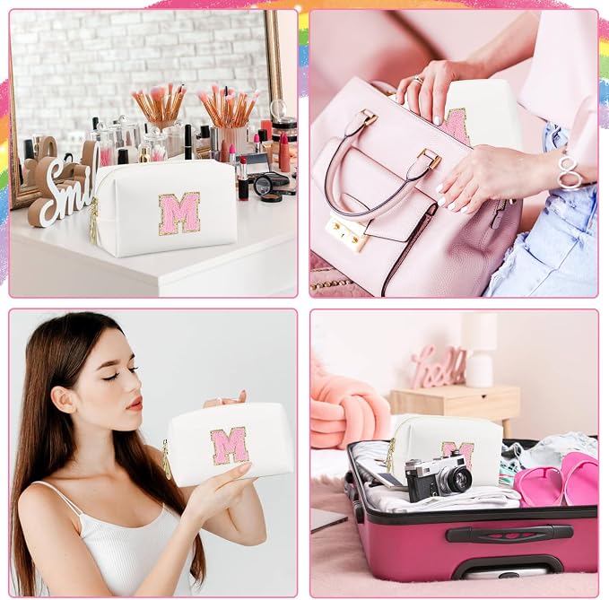 Initial Makeup Bag, Personalized Preppy Letter Monogram Cosmetic Bag | Waterproof PU Material, Compact Size, Large Capacity 7.09 x 2.95 x 3.94 in, Surprise Gift for Daughters and Teens