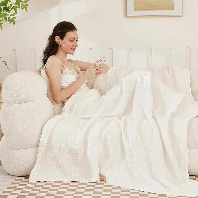 EMME Cotton Muslin Twin XL Blanket Breathable Gauze Soft Lightweight Adults Gifts for Women (White,66"x90")