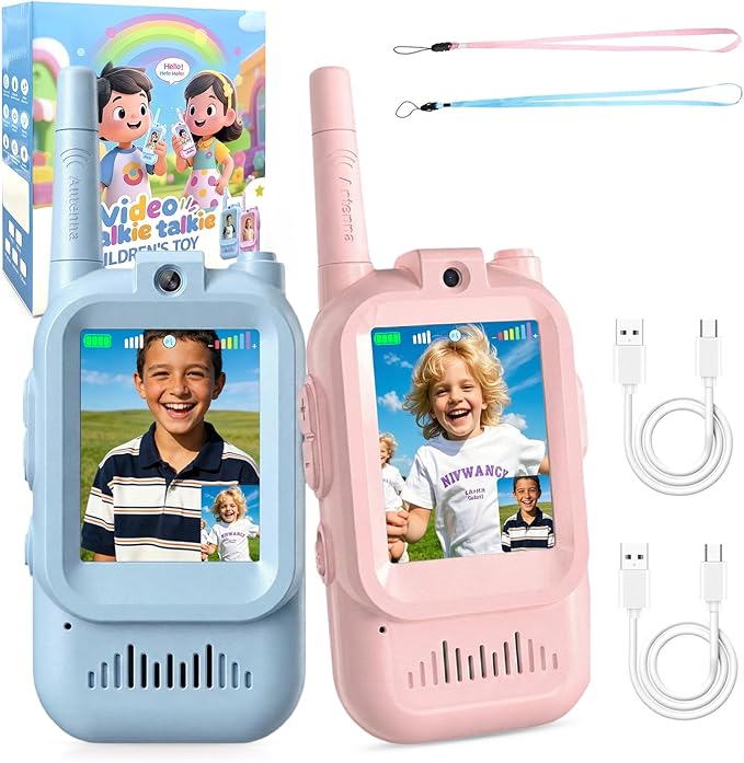 Kids Video Walkie Talkies, Pair of 2 with 300M Range, Portable Handheld Video Call Toy for Ages 3-12, for Christmas, Birthday, Outdoor Camping（Blue+Pink）