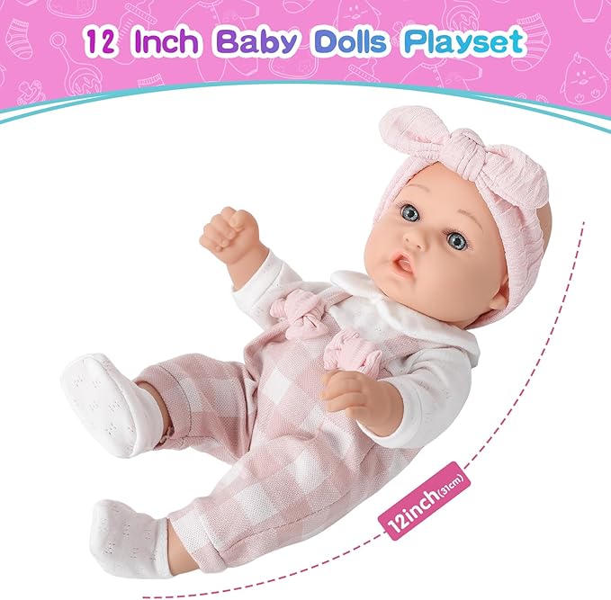 12'' Baby Doll and Clothes Accessories Playset with Feeding Bottle Pacifier First Baby Dolls for Toddlers 36 Months and Up