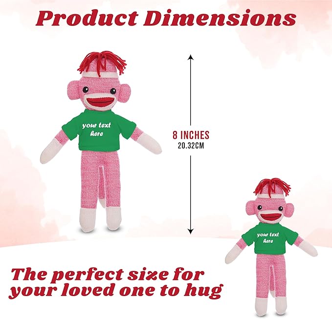 Personalized Huggable Pink Sock Monkey 8 Inch Plush Stuffed Animal Gift - Custom Text on Shirt - Perfect for Halloween Day Valentine's Day Graduation Day Birthday Present (Kelly)