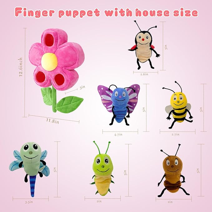 6pcs Insect Finger Puppets Bringing a Flowers House，Novelty Animals Toys Puppet for Kids, Storytelling Role-Playing Plush Finger Puppets Gifts for Boys and Girls