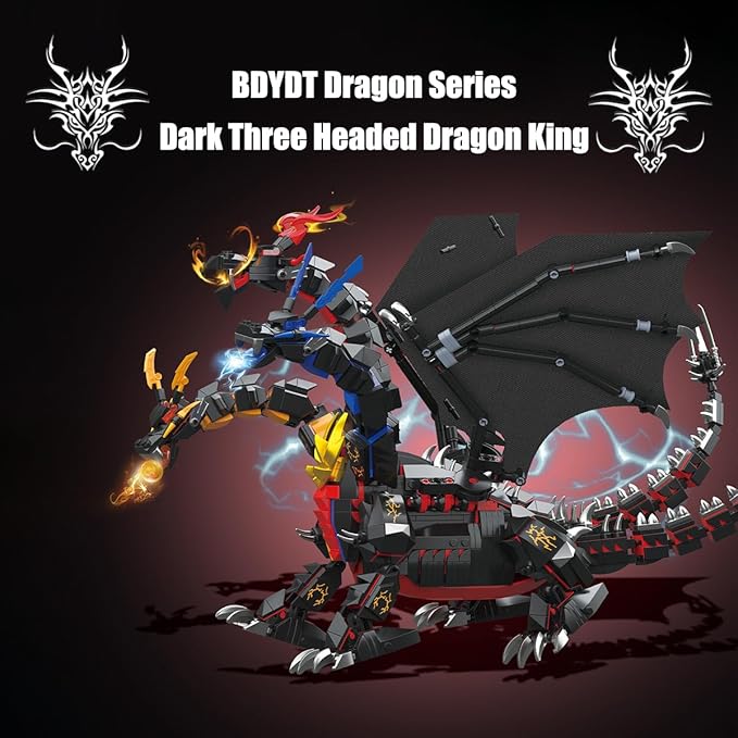 Dragon Series Dark Three Headed Dragon King Building Blocks Set （1400PCS）-Building Set Model Toys Gifts for Kid and Adult，Interesting Gifts for Dragon Enthusiasts