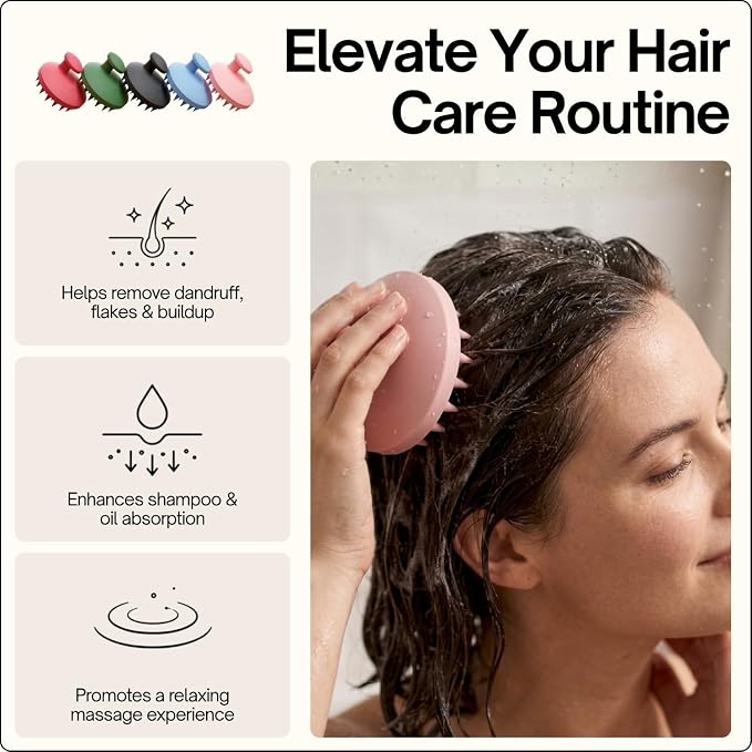 SXNSE - Revive Silicone Scalp Massager, Rose - Manual Hair & Scalp Scrubber for Dandruff, Buildup, Itch, & Hair Growth - Soft Exfoliating Silicone Bristles for Wet & Dry Hair, Flake-Free Finish