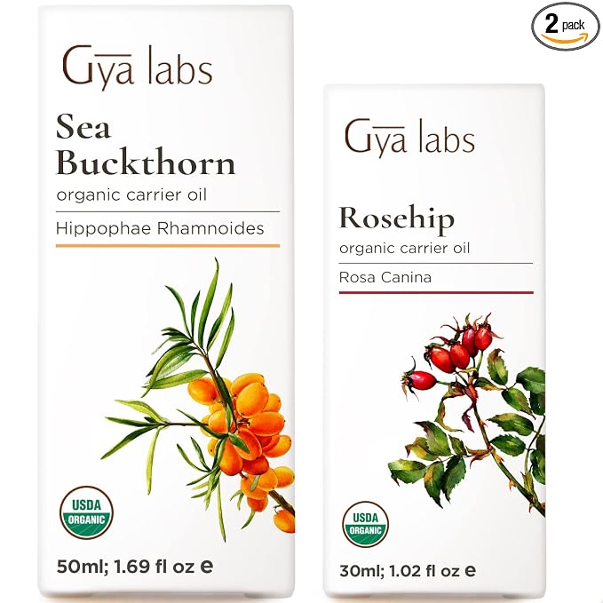 Seabuckthorn Oil for Skin (1.69 fl oz) & Rosehip Oil for Face (1 fl oz) Set - Aromatherapy Grade Essential Oils Set - Gya Labs