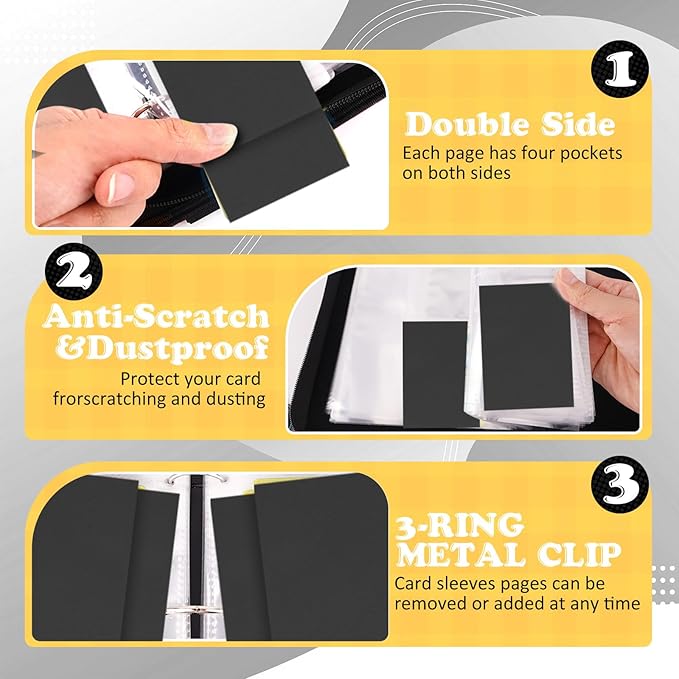 4 Pockets Trading Card Binder, 400 Card Holders with 50 Removable Sleeves, Portable Card Binder Album with zipper, Card holder Book for Game, Sport Collection (Black)