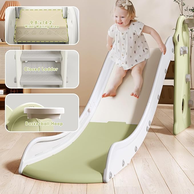 Toddler Slide for Kids, 3 in 1 Toddler Slideway, Kid Play Climber Slide Playset, Folfable for Toddlers with Basketball Hoops and Ball, Baby Slide for Backyard Playsets