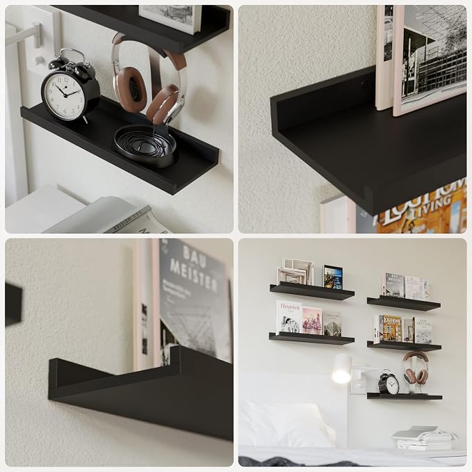 RICHER HOUSE 5 Set Floating Wall Mounted Shelves, Black Shelves for Wall Decor, Modern Picture Ledge Shelf with Lip for Storage, Nursery, Bedroom, Living Room, Bathroom - Black | Display Picture Ledge Shelf, Anti-drop lip Shelf for Room Wall Decor, Bed...