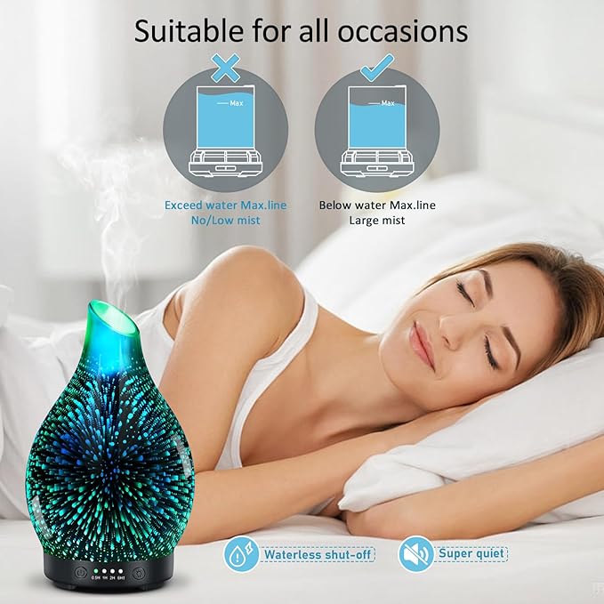Essential Oil Diffuser 150ML -3D Firework Glass Aromatherapy Diffusers for Essential Oils with 4 Timer Setting Auto Shut-Off Silent Operation 7 Colors Lights Changing, Mothers Day for Room, Office