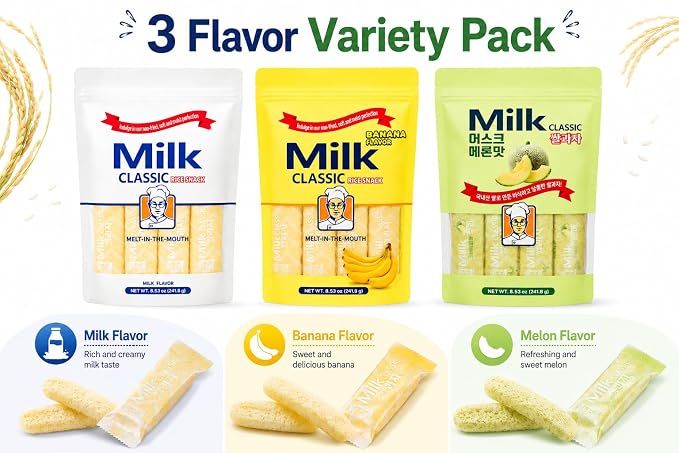 MILK CLASSIC Korean Rice Snack Variety Pack, Milk, Banana & Melon Flavors, Individually Wrapped Crispy Rice Snacks, Baked Not Fried, Family Sharing Snack, 25.59 oz
