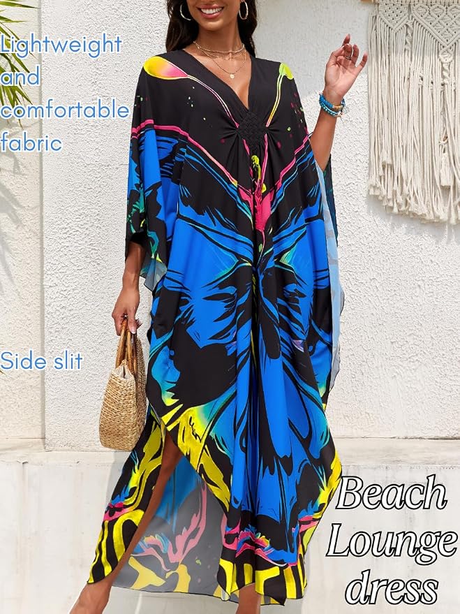 ChiaoLezhee Print Moo-Moos for Women, Kaftan Cover-Up Dresses, Sexy V-Neck High-Slit, Beach Pool-Party Coverups Muumuu Plus