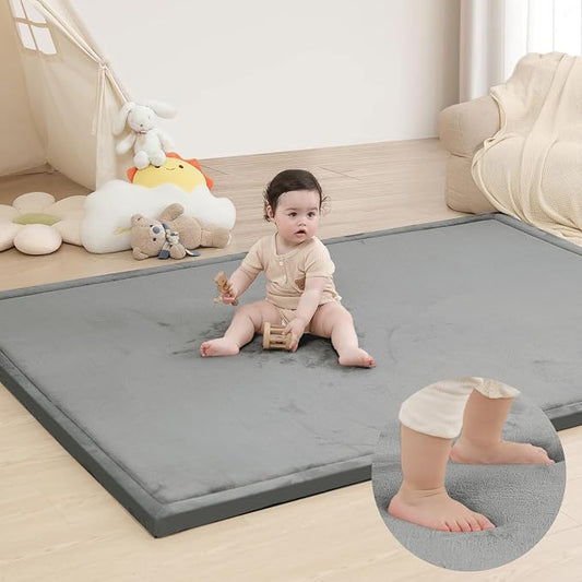 Huloo Sleep Ultra Soft Baby Play Mat for Floor, 1.3" Thick Elasti-Foam 65x50 Play Mat for Playpen,Water-Repellent Coral Velvet for Tummy Time, Non-Slip Backing,Safe for Toddlers & Infants（Dark Grey）