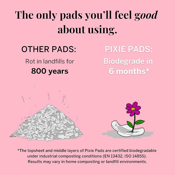 Pixie Organic Pads Ultra Thin Regular Long Cotton Pads with Wings – Comfortable, Leak-Proof Protection for Everyday Flow – Hypoallergenic, Unscented, Soft & Breathable – Eco-Friendly, 12 Count